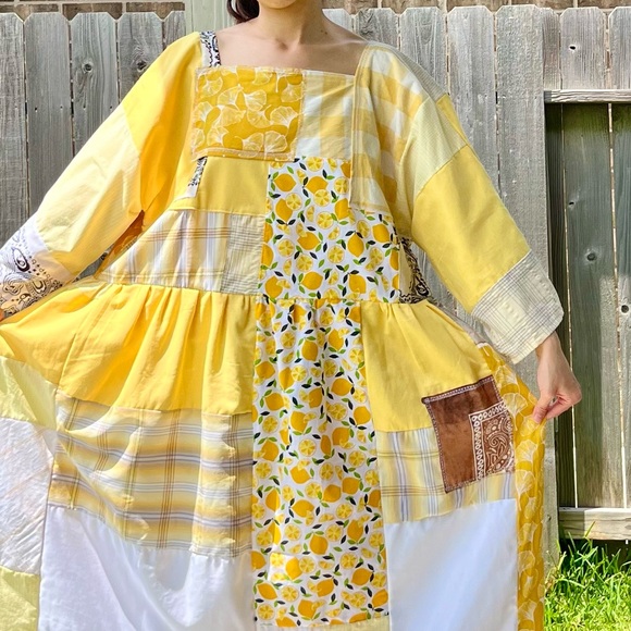 Earth-Toned | Handmade Quilted Patchwork Dress SKU 05216 One Size Fits All - Picture 4 of 8